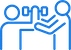 Abstract blue line art depicting three stylized human figures with one extending a hand towards the other two.