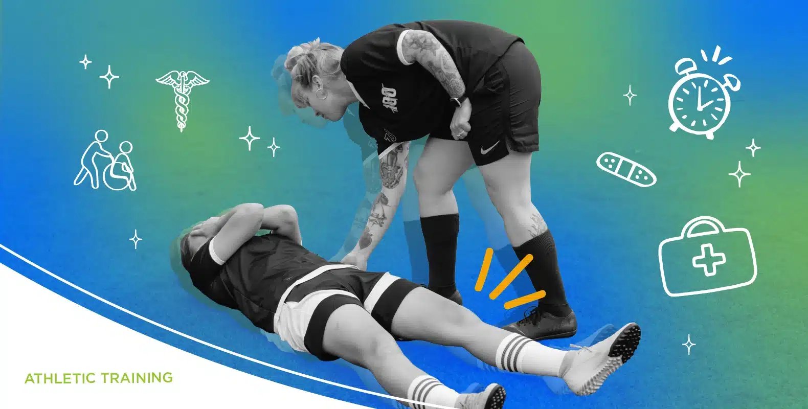 A trainer assists an injured athlete lying on the ground, surrounded by medical icons and the text "Athletic Training.
