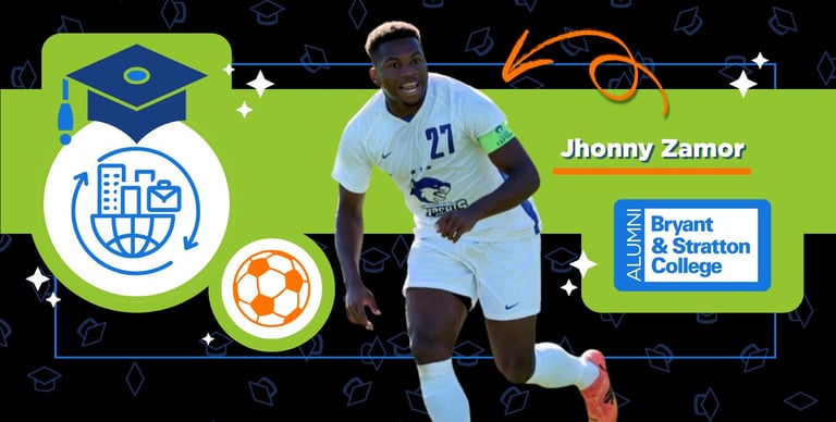 A male soccer player in a white uniform runs on a field. Text reads "Jhonny Zamor," showcasing Bryant & Stratton College alumni success, with graphics of a graduation cap, soccer ball, and global icons on a green and black background.