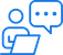 Blue icon of a person using a laptop with a speech bubble containing three dots, indicating communication or messaging.