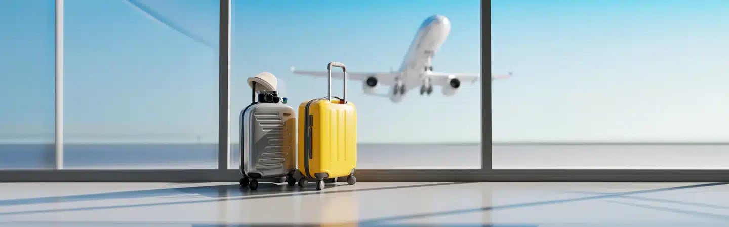 Two suitcases in an airport terminal with a large window showing an airplane taking off in the background.