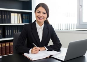 A smiling woman in a business suit sits at a desk with an open notebook and pen, working on paperwork. A laptop is in front of her, and bookshelves with binders are in the background.