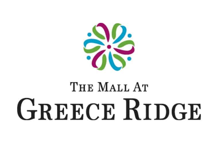 Logo of The Mall at Greece Ridge with a decorative floral pattern above the mall's name in black text.