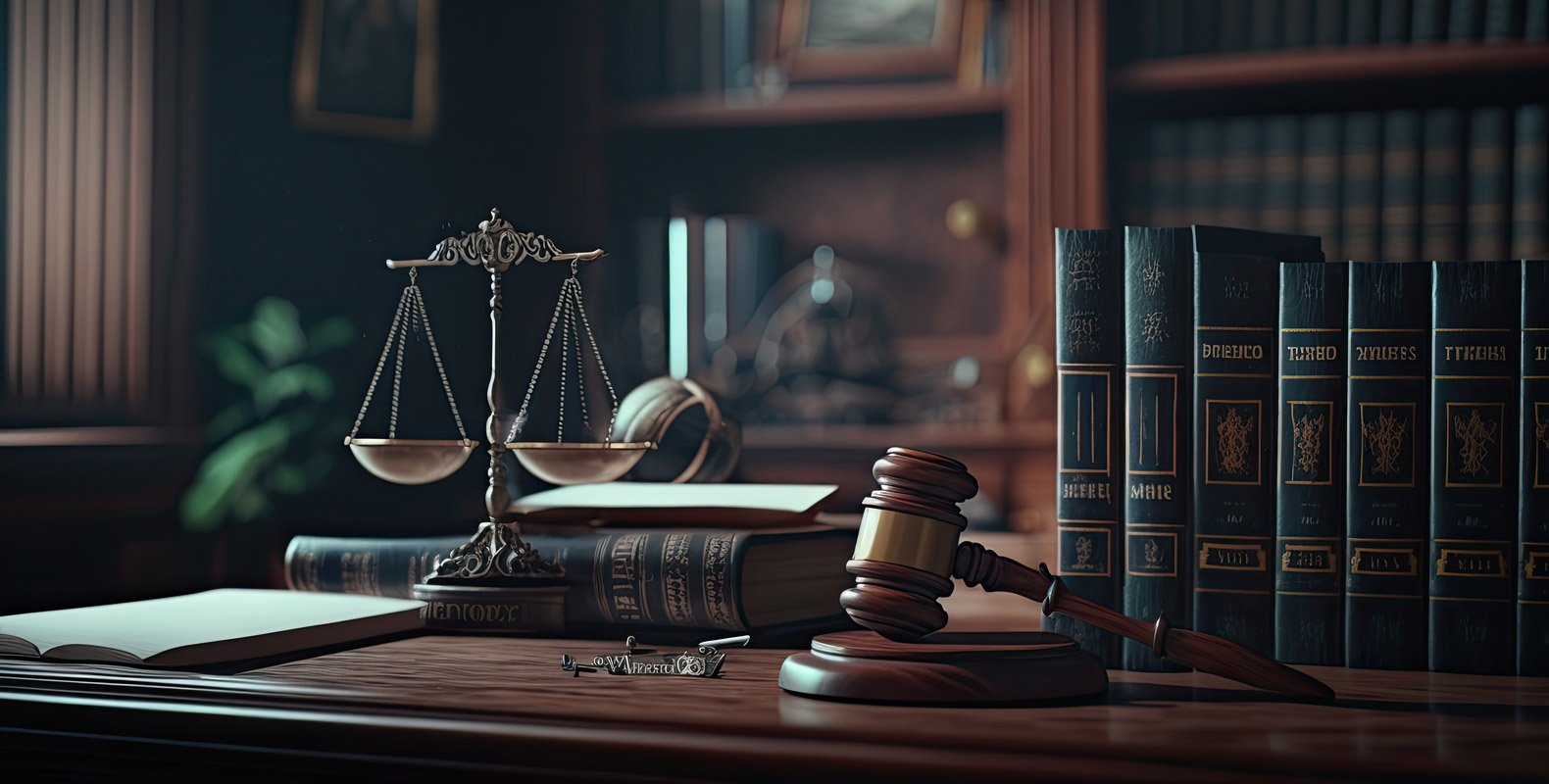 A wooden judge’s gavel, books, and a brass scale of justice sit on a polished desk in a dimly lit law office, hinting at the difference between paralegal and legal assistant roles among shelves of legal volumes in the background.