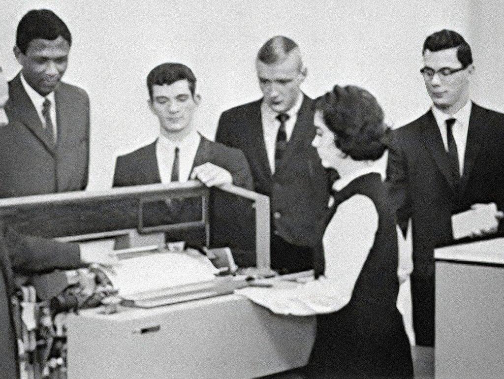 A group of men in suits watch a woman operate a large office machine in a black-and-white photo.