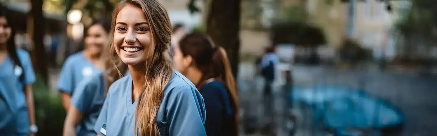 A smiling person in blue scrubs stands outdoors, with other people in scrubs in the background.