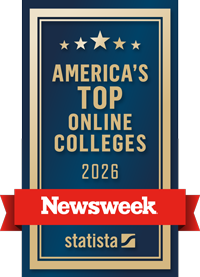 A blue and gold badge reads "America's Top Online Colleges 2026," highlighting Online Degrees, with a red "Newsweek" banner across it and the "statista" logo at the bottom.