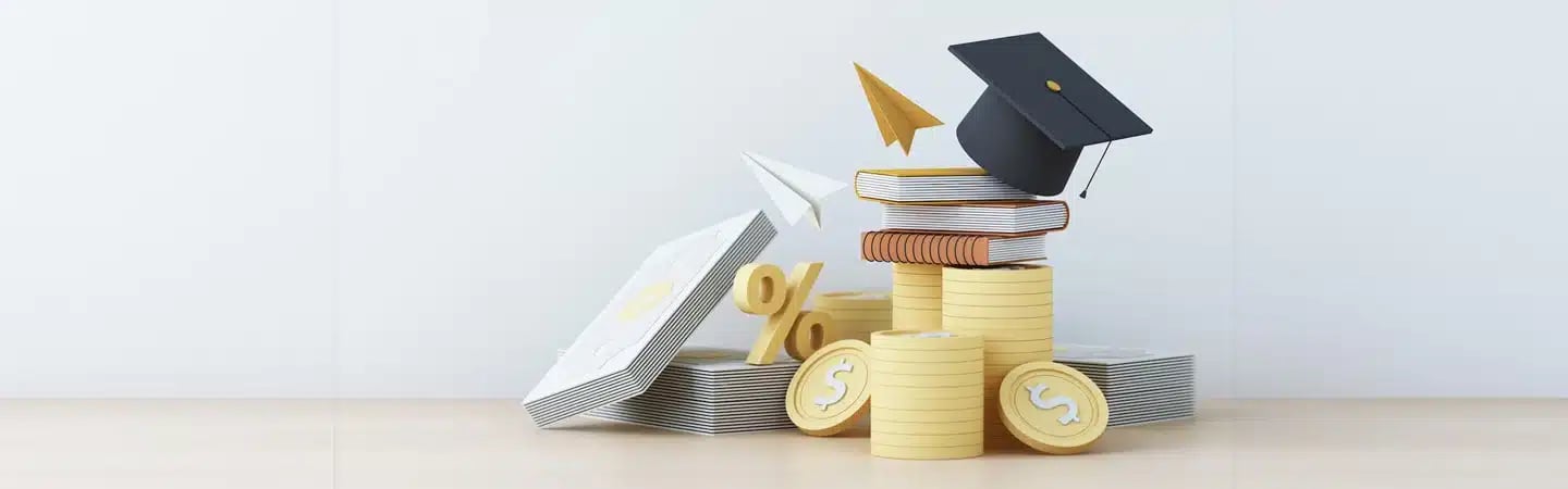 Stacks of books, paper planes, graduation cap, percent sign, and coin stacks symbolize education and financial growth.