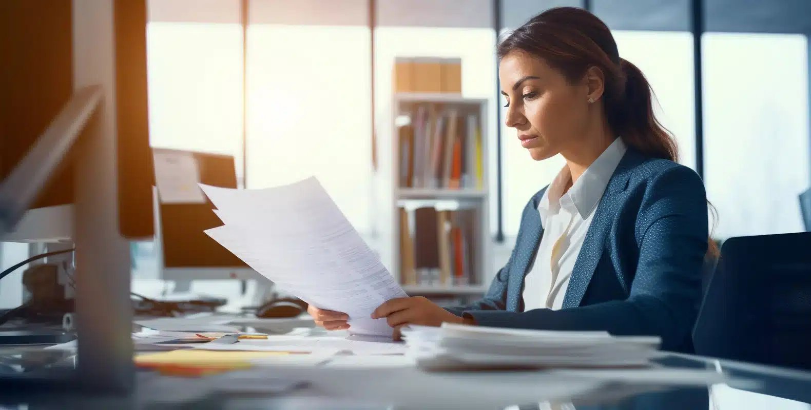 A woman in business attire reviews documents at a desk in a modern, sunlit office with shelves and office supplies in the background.