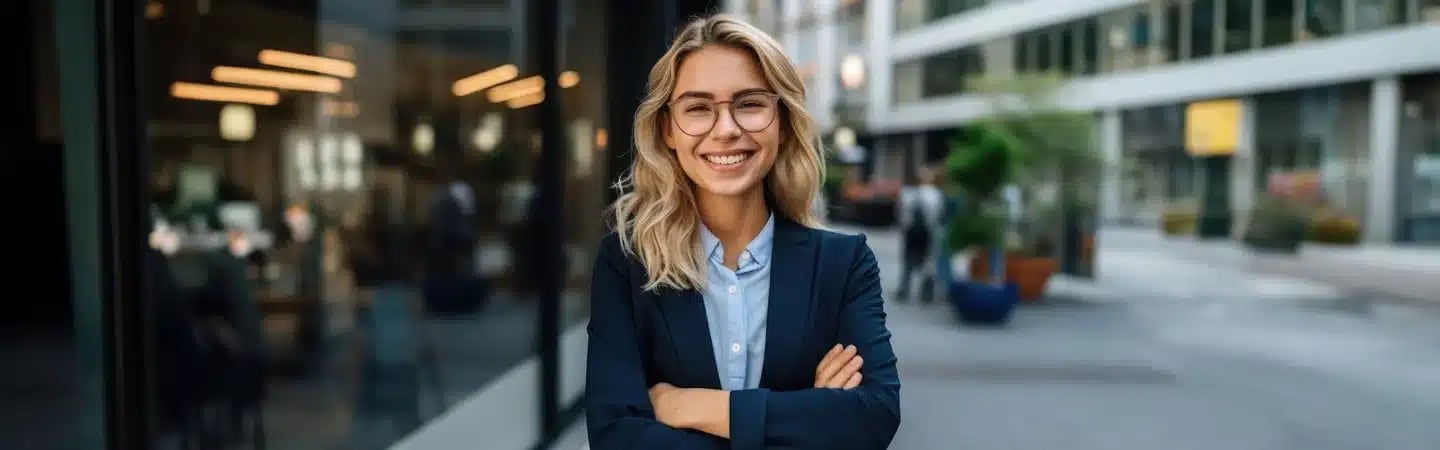 Smiling woman with glasses and crossed arms, wearing a blazer, stands outdoors in an urban setting.