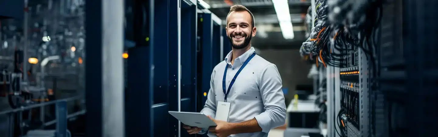 Smiling man in a data center holding a tablet, standing among server racks with cables and equipment.