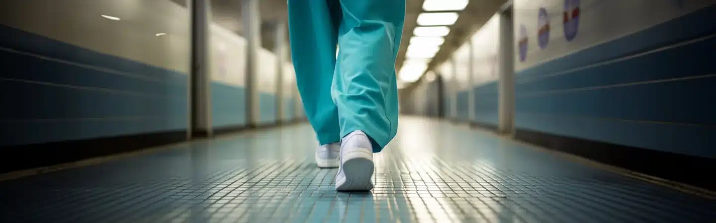 Close-up of person in green scrubs and white shoes walking down a hospital corridor with blue tile floors.