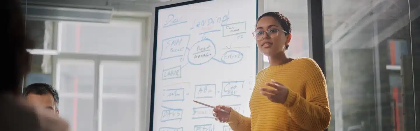 Person in a yellow sweater presenting with a pointer at a whiteboard covered in various notes and diagrams.