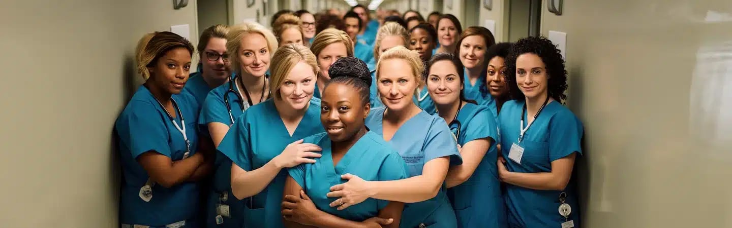 A diverse group of smiling healthcare professionals in scrubs standing together in a hallway.