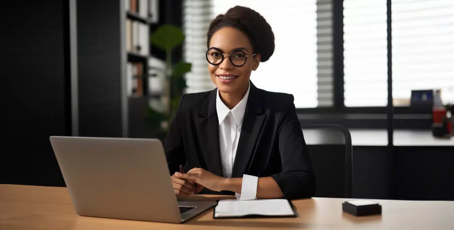 A professional woman in a black suit and glasses, smiling at her desk with a laptop and documents in an office setting.