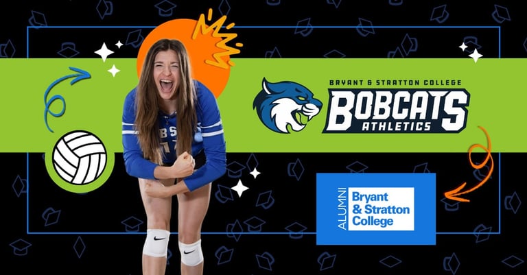 A volleyball player in a blue and white uniform poses energetically. The background features the Bryant & Stratton College Bobcats Athletics logo, a volleyball graphic, and various decorative elements like arrows and graduation caps.