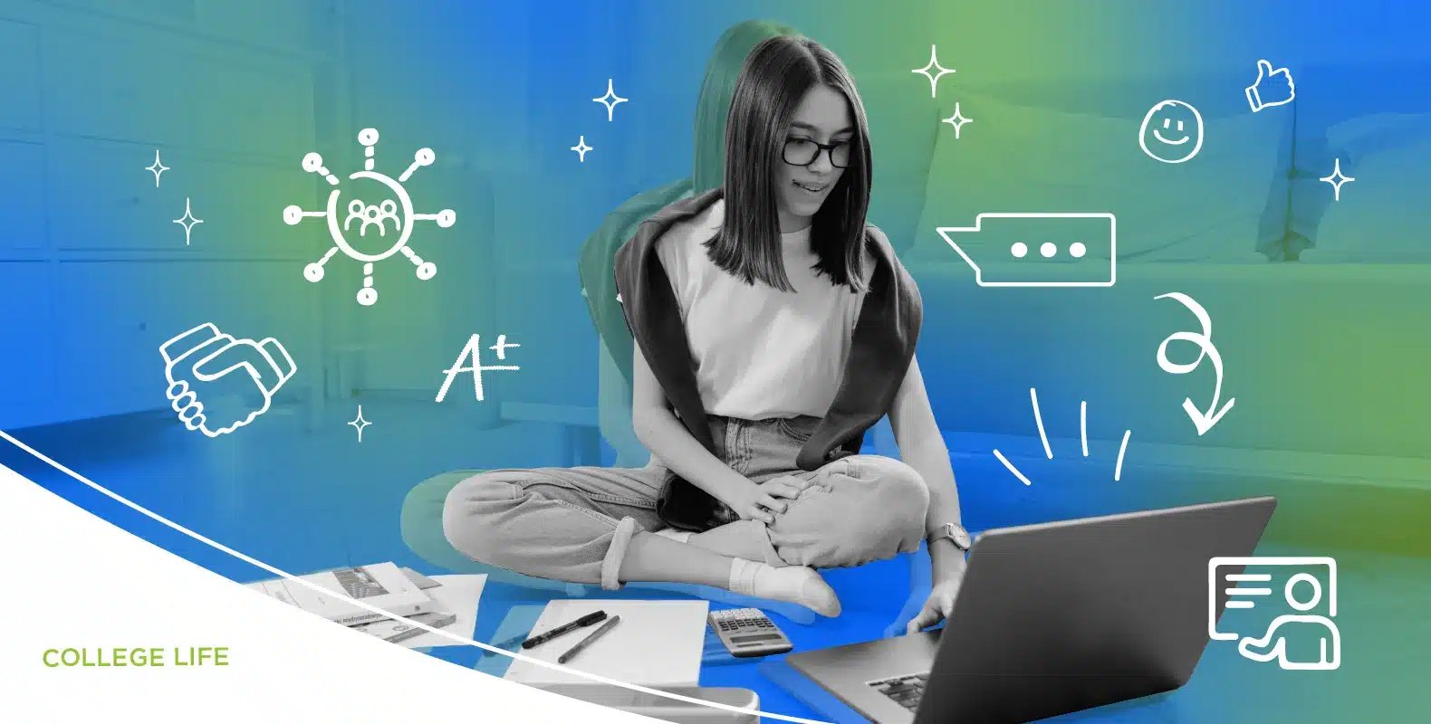 A student sits cross-legged using a laptop, surrounded by icons representing college life and academic activities.