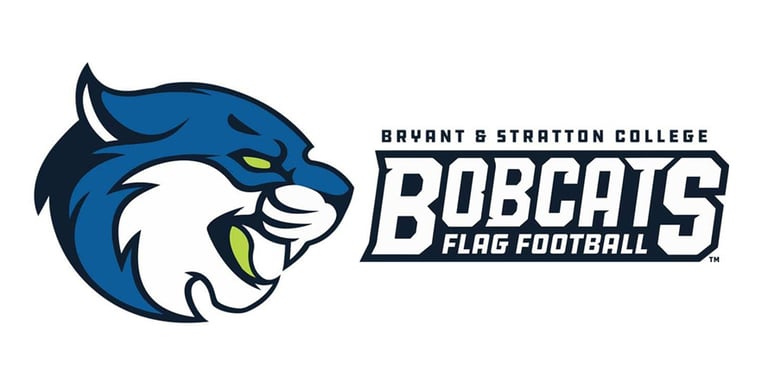 The logo features a stylized blue and white bobcat head next to the text "Bryant & Stratton College Women's Flag Football" in bold, capital letters.