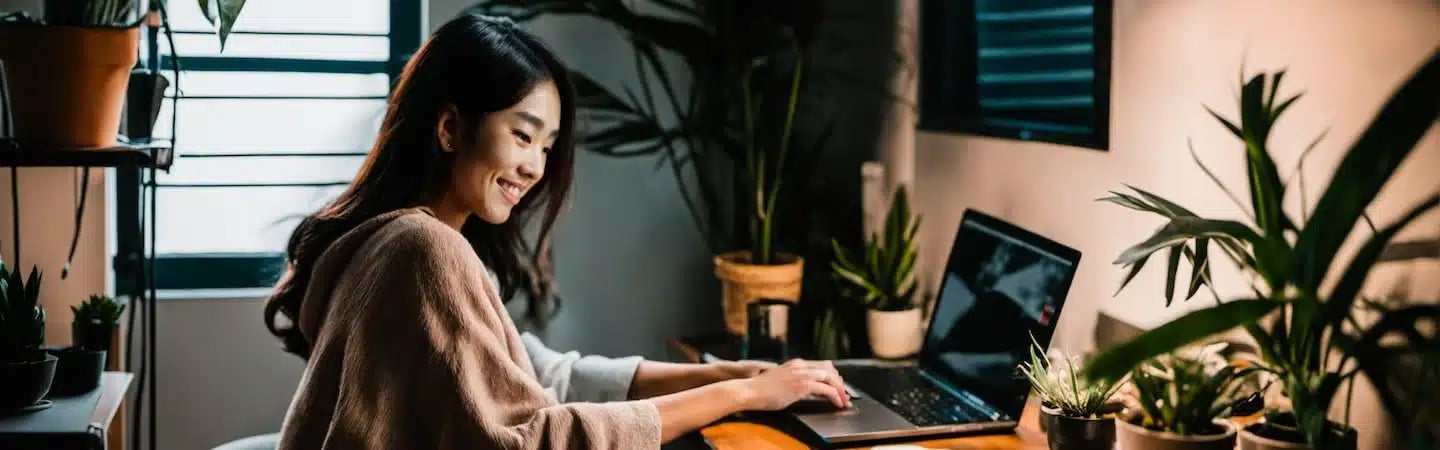 Woman smiling and using a laptop at a desk surrounded by potted plants in a cozy room with natural light.
