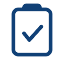 A blue clipboard icon with a check mark in the center, symbolizing completion or approval.
