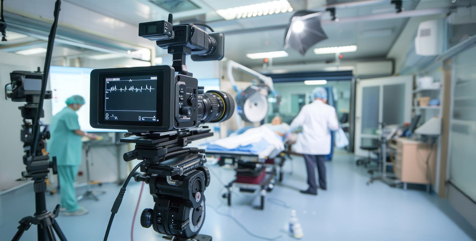 A professional video camera films a medical scene in a hospital room, with doctors and a patient in the background; the monitor displays a heart rate graph.