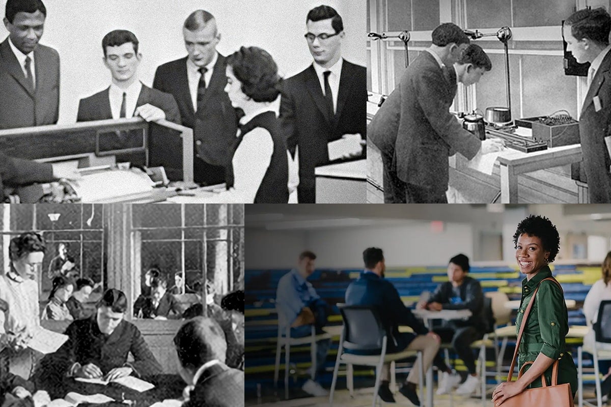 Collage of vintage classroom scenes with students studying and modern scene with diverse students in a classroom setting.
