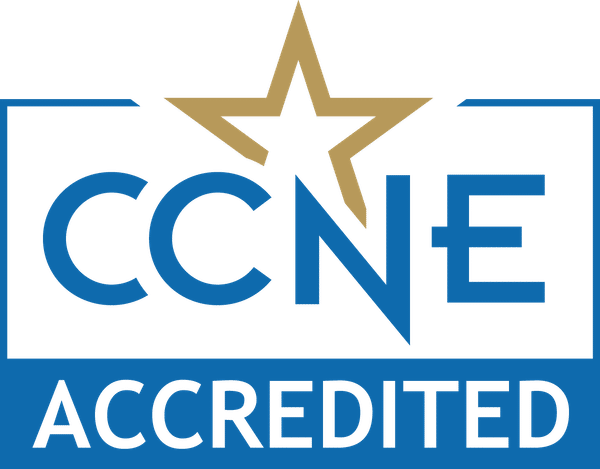 Logo with the text "CCNE ACCREDITED" in blue, featuring a gold star above the letters. The design highlights accreditation by the Commission on Collegiate Nursing Education, ideal for BS Nursing or RN to BSN programs.