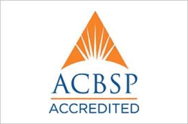 ACBSP Accredited logo featuring a triangular symbol with orange rays and the text "ACBSP Accredited" below.