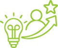 Green icon showing a lightbulb, a person, an upward arrow, and a star, symbolizing innovation and personal growth.
