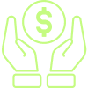 Two green hands holding a coin with a dollar sign in the center, symbolizing financial support or savings.