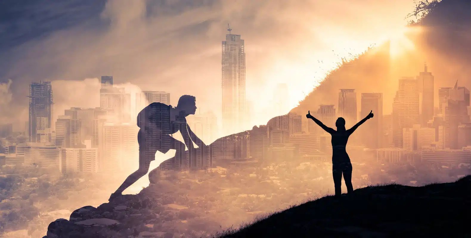 Silhouettes of a hiker and a victorious person superimposed on a cityscape at sunrise or sunset, symbolizing achievement.