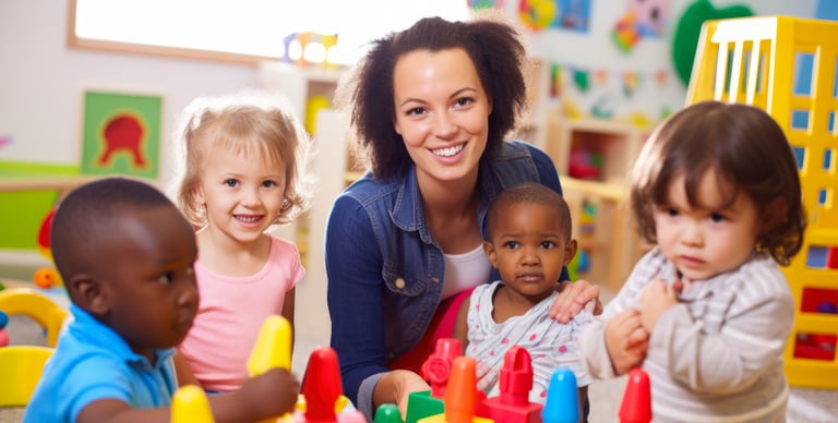 A smiling Child Care Worker is surrounded by four young children playing with colorful toys in a bright, cheerful classroom setting. The children appear engaged and happy, showcasing the joy of this dream job.