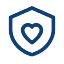 A blue outline of a shield with a heart shape in the center, symbolizing protection and care, on a light background.