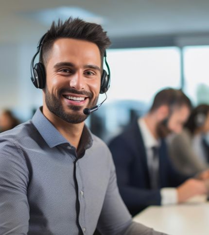 A smiling Computer User Support Specialist wearing a headset sits at a desk in a bright office, suggesting a call center environment. Other people working at computers are visible in the background.