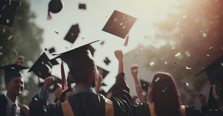 A group of graduates in caps and gowns celebrate outdoors, throwing their caps into the air with hands raised, surrounded by sunlight and confetti, capturing the joyful spirit of an Online Commencement Ceremony.