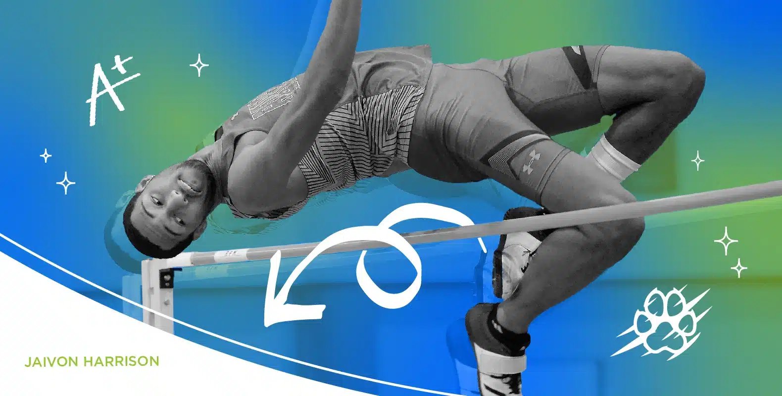 High jumper in mid-air clearing the bar, with colorful background graphics and text "Jaivon Harrison" in the corner.