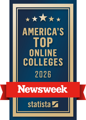 A blue and gold badge reads "America’s Top Online Colleges 2026" with a red banner labeled "Newsweek" across the center and "statista" at the bottom, recognizing outstanding Online Colleges.