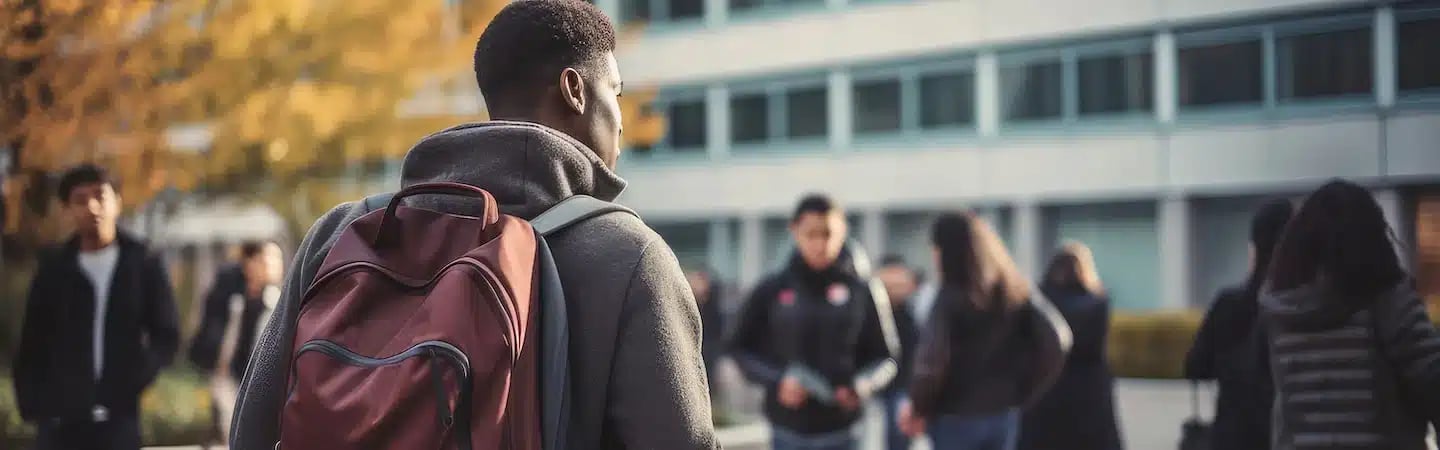 A student with a backpack walks outside, with other students in the background, in front of a modern building.