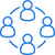 Four blue user icons connected in a circular network using lines, representing a collaborative or networking concept.