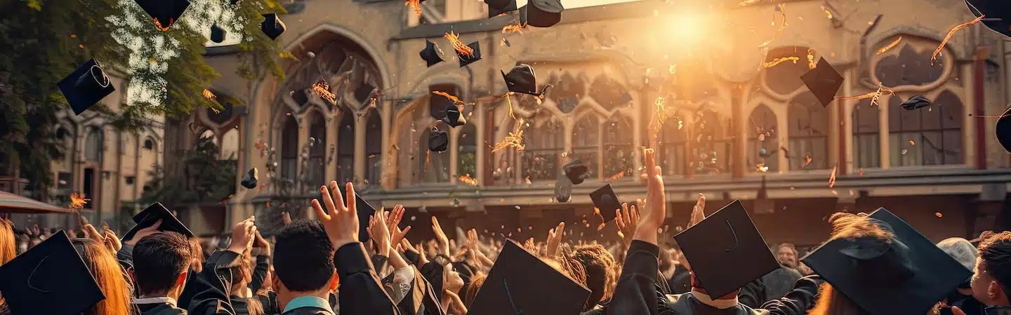 Graduates in caps and gowns celebrating and throwing their mortarboards in the air outside a historic building during sunset.