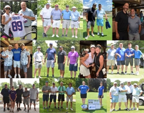 A collage of various groups of people posing together at a Golf Tournament, some holding clubs or wearing golf attire, with a mix of men and women smiling for the camera at this Greece Chamber event.