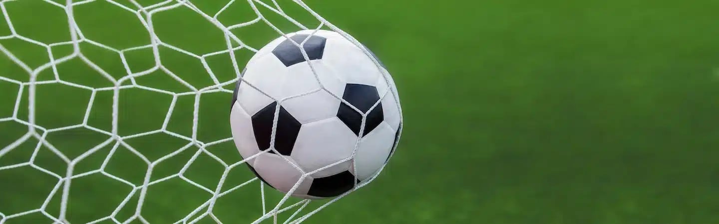 A soccer ball caught in the net of a goal on a green field.