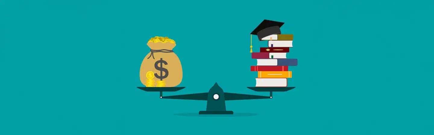 A balance scale with a bag of money on one side and a stack of books with a graduation cap on the other.