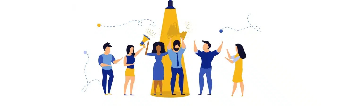 Illustration of six people celebrating, with one person holding a trophy under a spotlight.