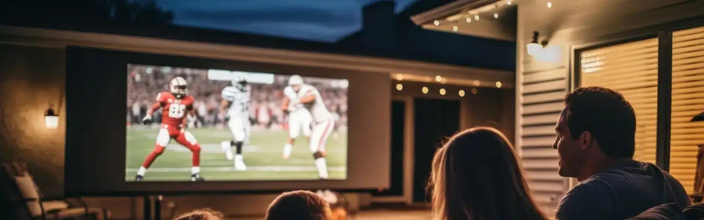 People watching a football game projected on an outdoor screen at night, illuminated by string lights.