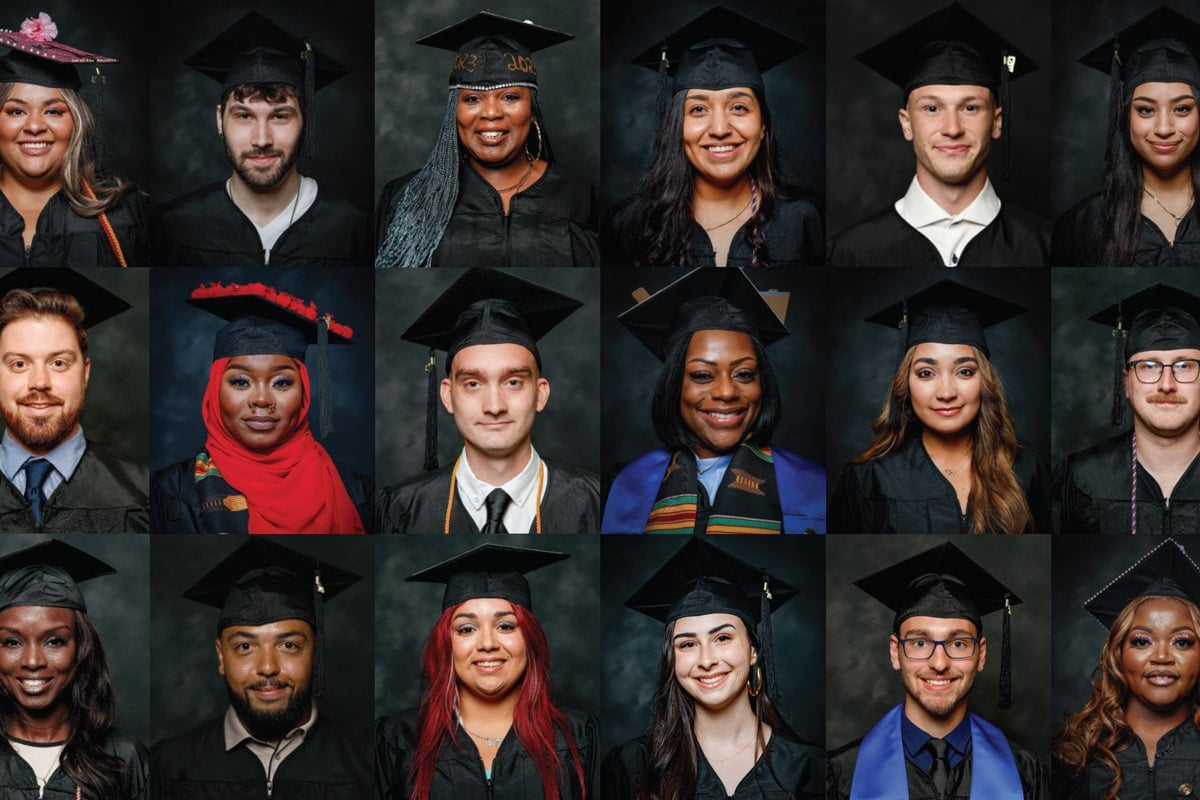 A grid of 16 diverse graduates in caps and gowns against a dark background, smiling at the camera.