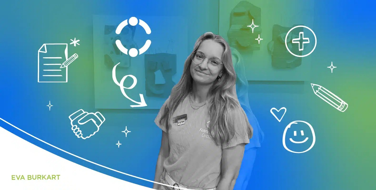 A person smiling, surrounded by icons of a pencil, documents, a heart, and a handshake, with a blue-green gradient background.