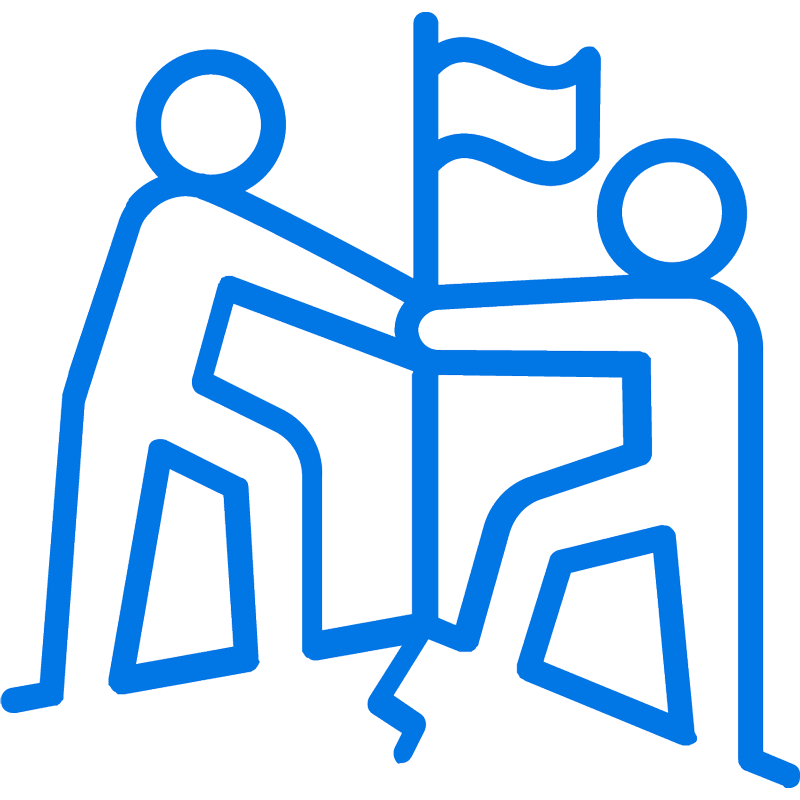Two simplified human figures stand on separate mountain peaks, each holding a flagpole with a waving flag between them, symbolizing teamwork or reaching a shared goal together.