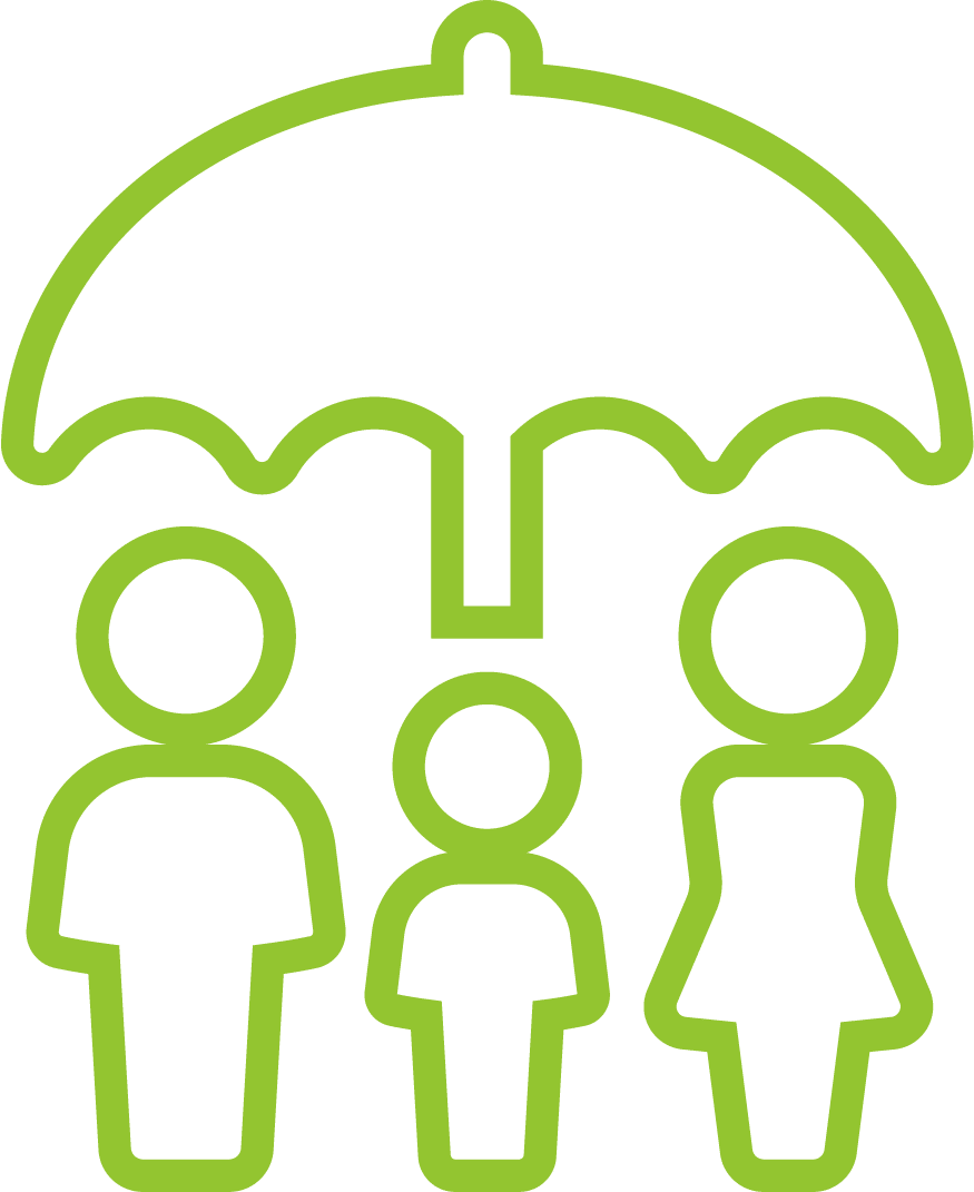 Green outline of three people under a large umbrella, symbolizing family protection or insurance coverage.
