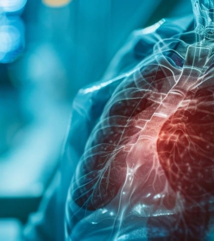 A translucent image of a human torso showing the heart and blood vessels. The heart area is highlighted in red, against a blurred blue background, giving a clinical or medical examination feel.